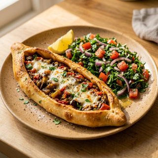 Auberginen-Pide mit Paprika, Tomate und Zitronen-P