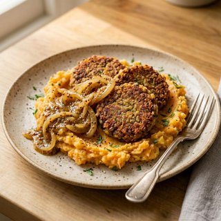 Linsenbratlinge mit Möhren-Kartoffelstampf und Sen