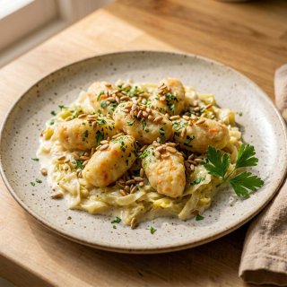 Kartoffel-Möhren-Knödel mit Rahm-Spitzkohl