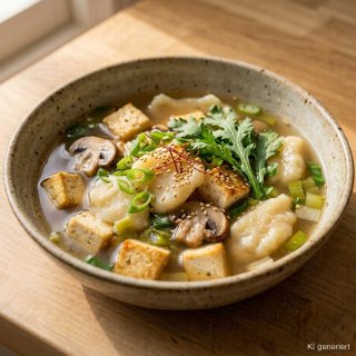 Kartoffel-Sujebi mit Tofu, Porree und Steinchampig