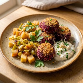 Rote-Bete-Kartoffel-Kroketten mit Apfel-Porree-Gem