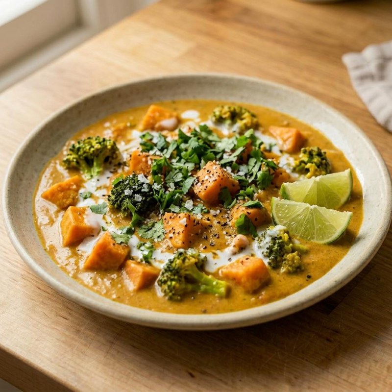Kokos-Curry mit Süßkartoffel, Brokkoli & Limette