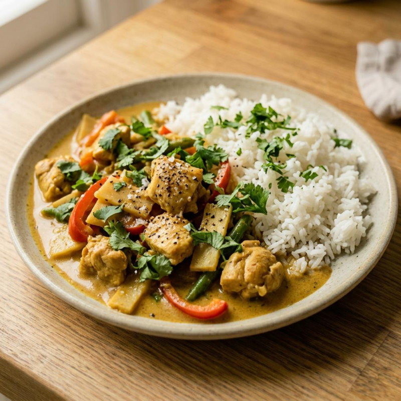 Hähnchen-Kokos-Curry mit Gemüse & Reis