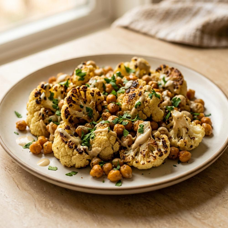 Ofen-Blumenkohl mit Tahin, Kichererbsen & Zitronen