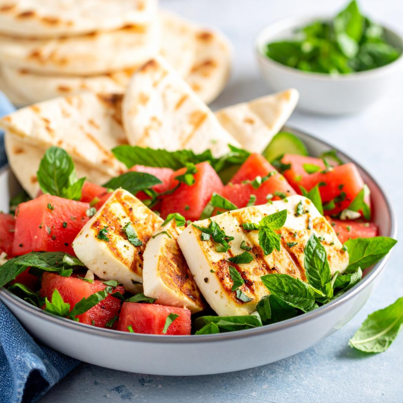 Halloumi mit Wassermelonen Salat & Fadenbrot