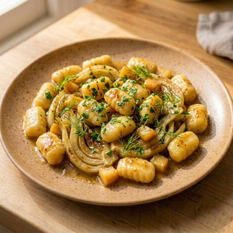 Kartoffel-Lauch-Nocken mit geschmortem Fenchel und